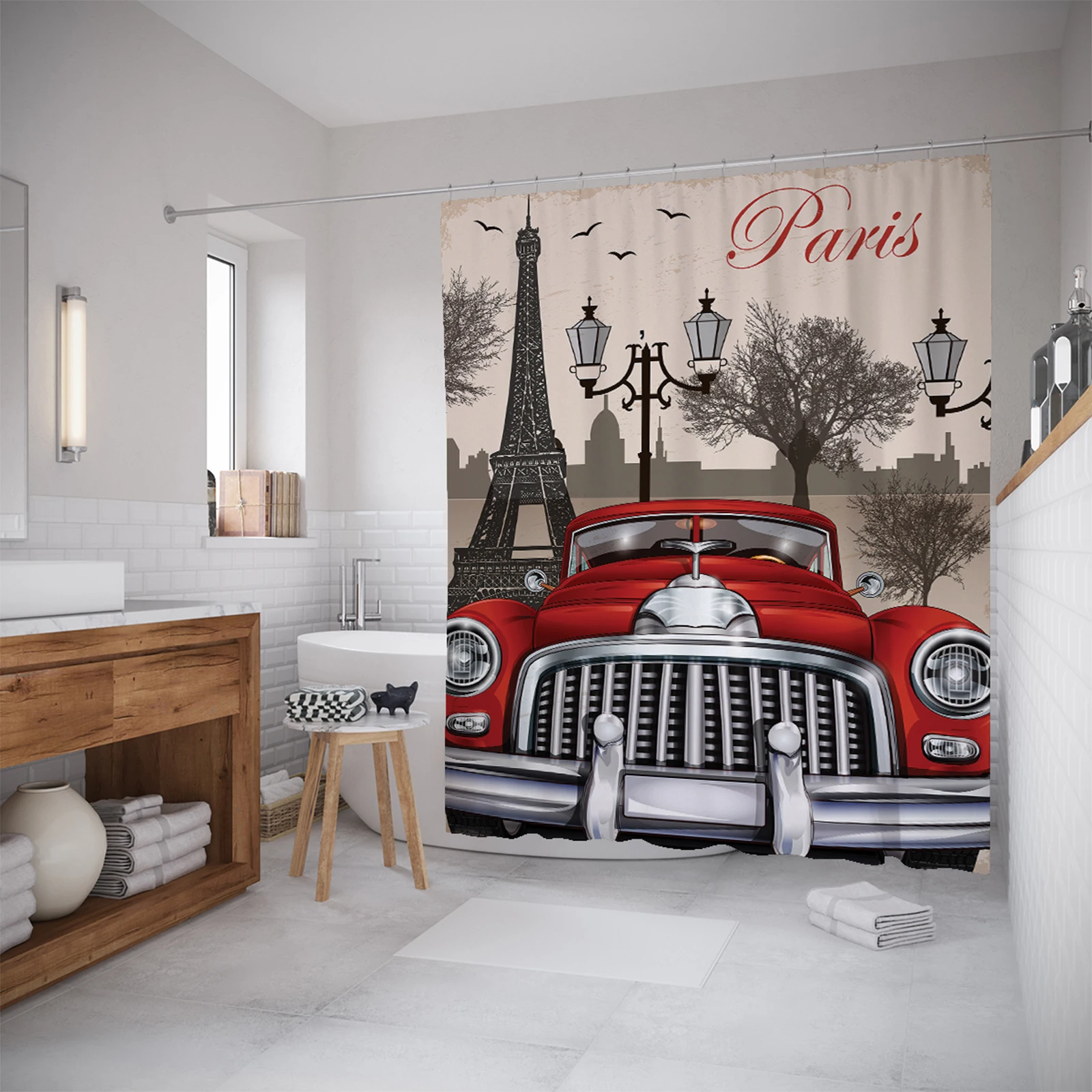 

Red Bus and Paris Tower Bathroom Curtain Retro Style Shower Curtain With Hooks Fall Curtains For The Room Bathroom Products