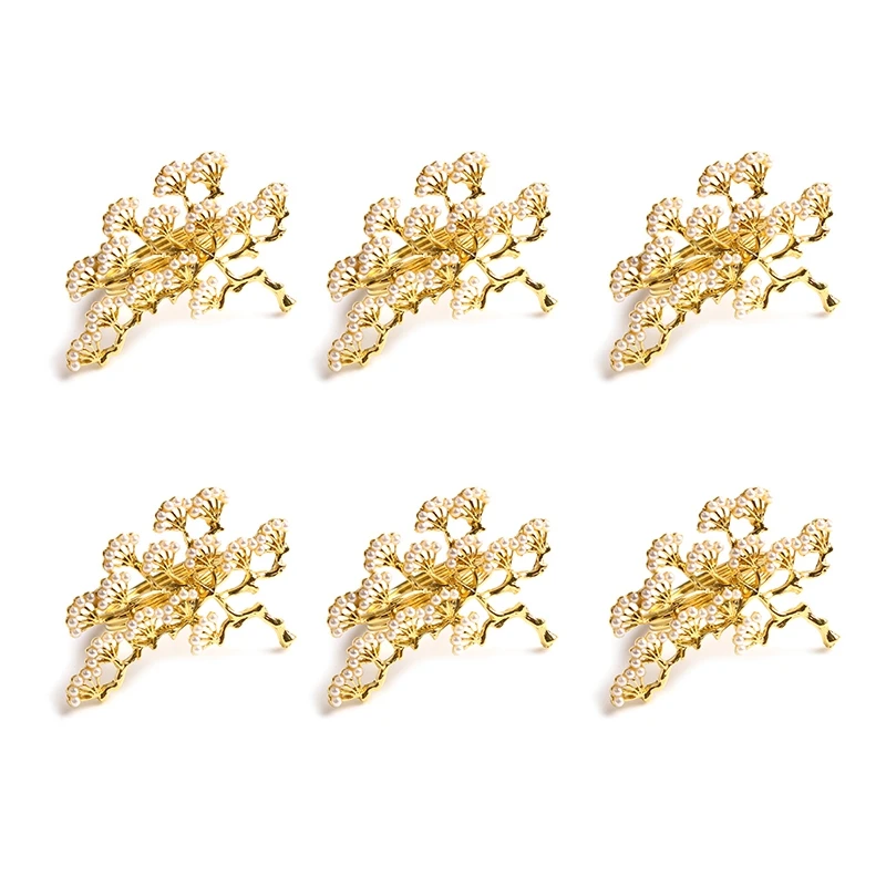 

6Pcs/Lot Pearl Pine Tree Napkin Buckle Zinc Alloy Napkin Ring Western Table Decoration Gold Pearl Napkin Ring