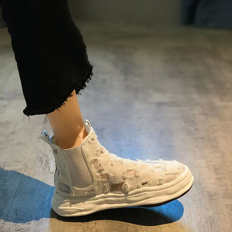 

Женская обувь, ботильоны, новинка 2021, Осенние парусиновые Дышащие Модные ботинки челси