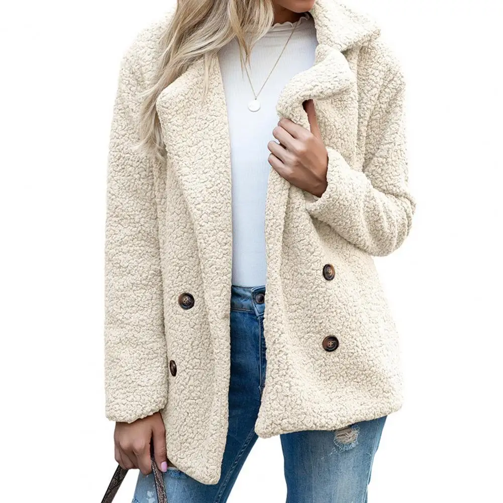 

Модная зимняя женская верхняя одежда из искусственного флиса с длинным рукавом, пальто с лацканами на пуговицах, однотонная теплая куртка с...