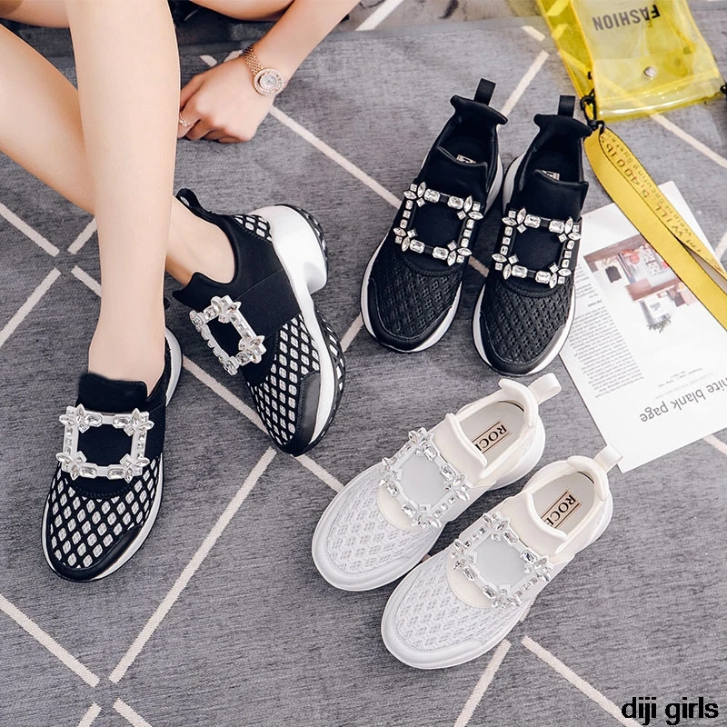 

2020 Platform Sneakers Crystal Buckle Air Mesh Designer Trainers Thick Bottom Chunky Women's Sneakers Vulcanized Casual Shoes
