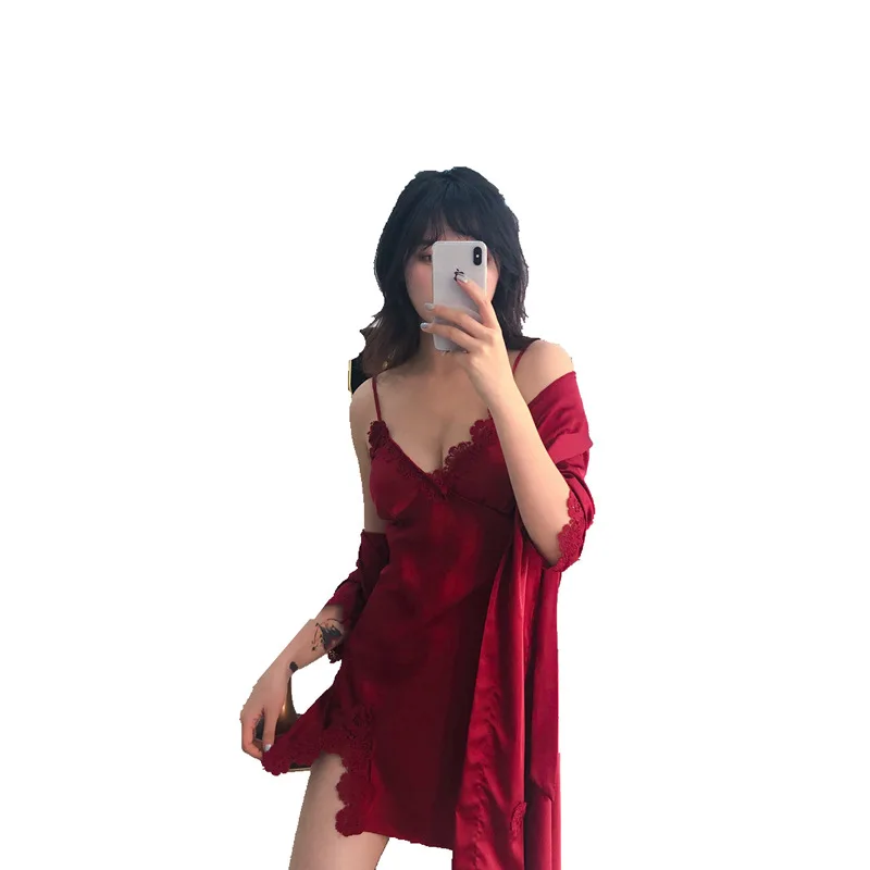 

Pajamas, summer sexy sling robes, two sets of chest pads, sleeping clothes, lace, sexy nightdress, ice silk -ALE