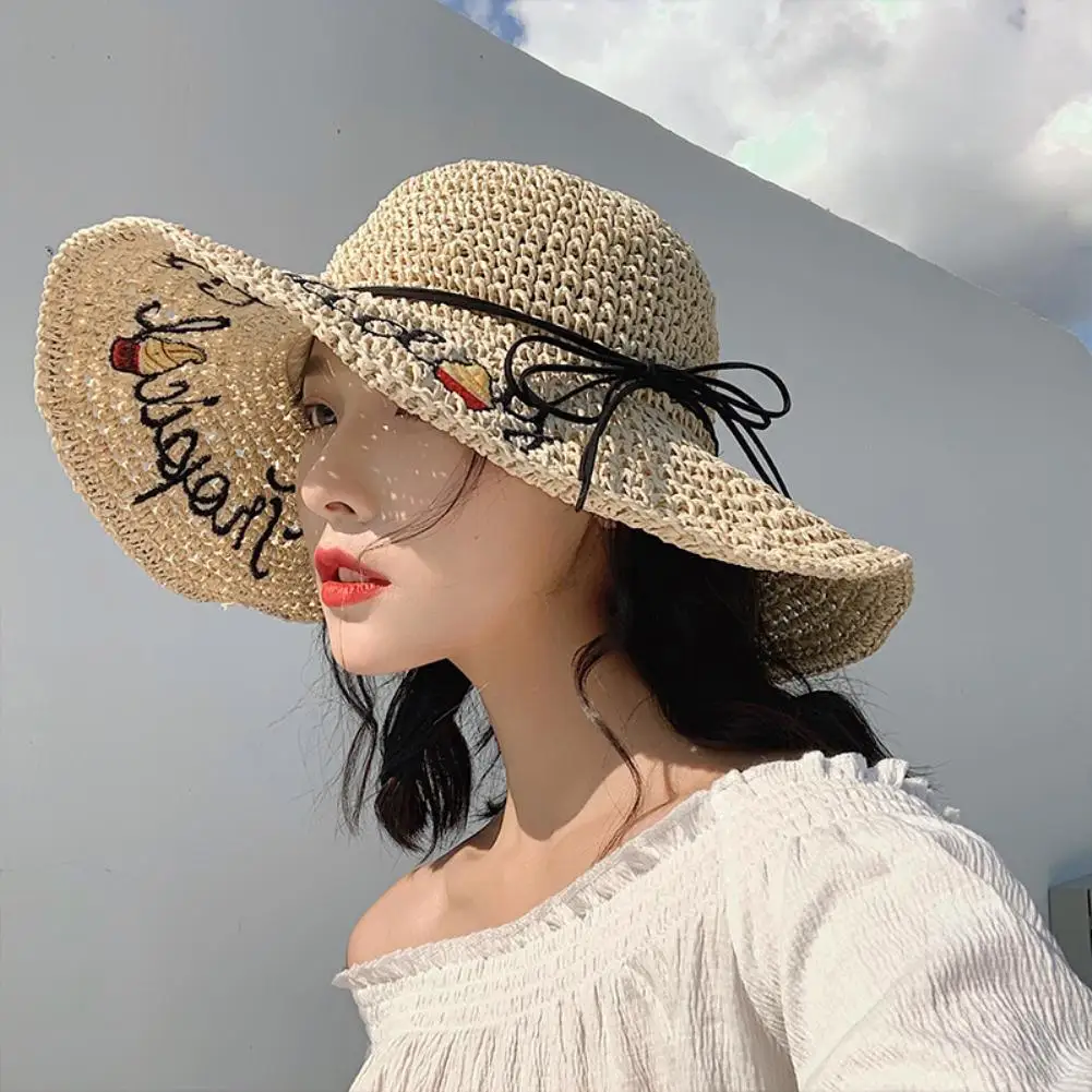 

Women Letter Bowknot Foldable Straw Weave Hat Wide Brim Sunscreen Beach Cap
