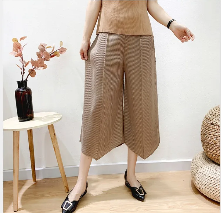 HOT SELLING Fashion fold pure color  high-waist  straight pants Cropped pants IN STOCK