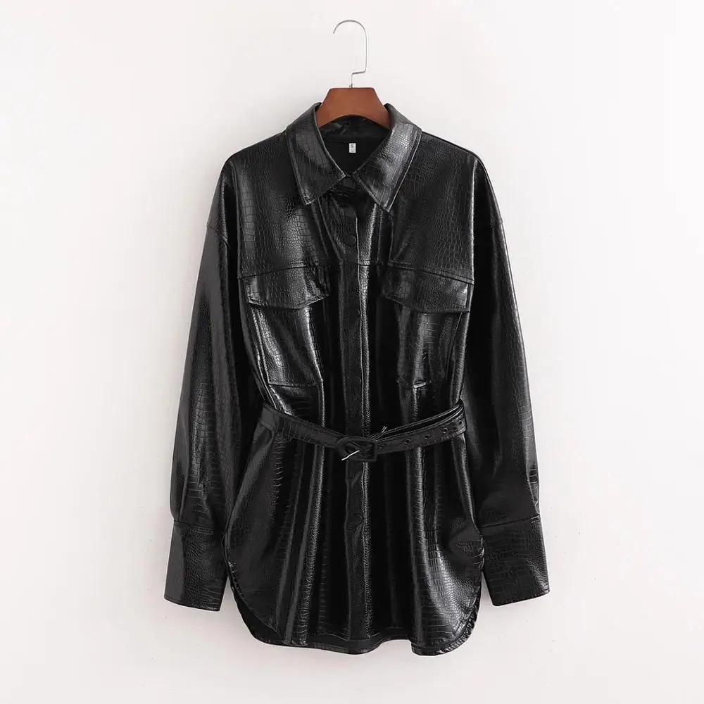 

Fad New Fall Winter Women Long Jackets Faux Leather Belted Long Sleeves Woman Coat Overshirt Casual Vogue women clothes