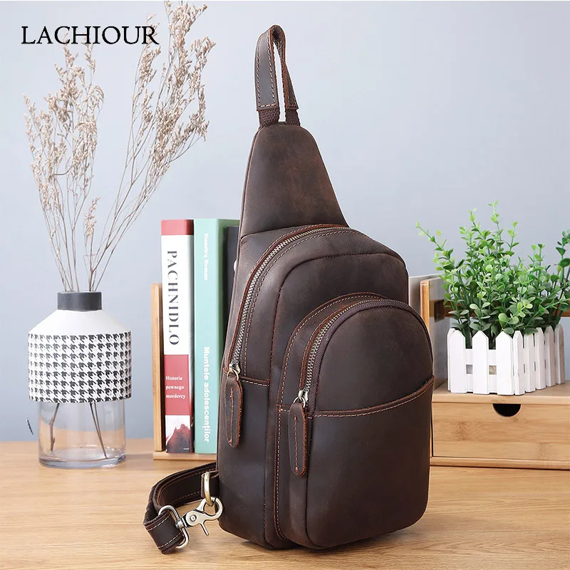 Original Men Crazy Horse Leather Chest Packs Male Real Leather Sling Messenger Bag Design Travel Daypack Male Crossbody Bag