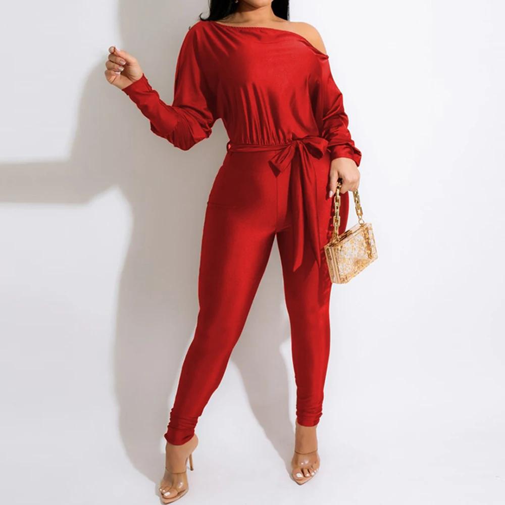 

Элегантные Комбинезоны с открытыми плечами, модный однотонный уличный комбинезон с поясом и длинным рукавом, зимняя пикантная одежда для ж...