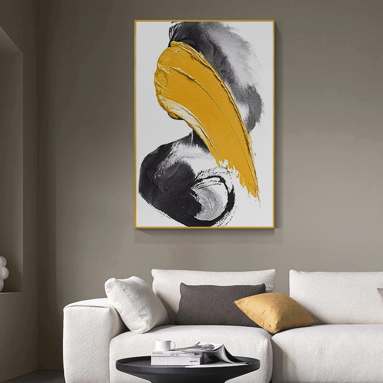 

Hand Painted Abstract Yellow Color Block Oil Painting Canvas Frameless Living Room Corridor Wall Decoration