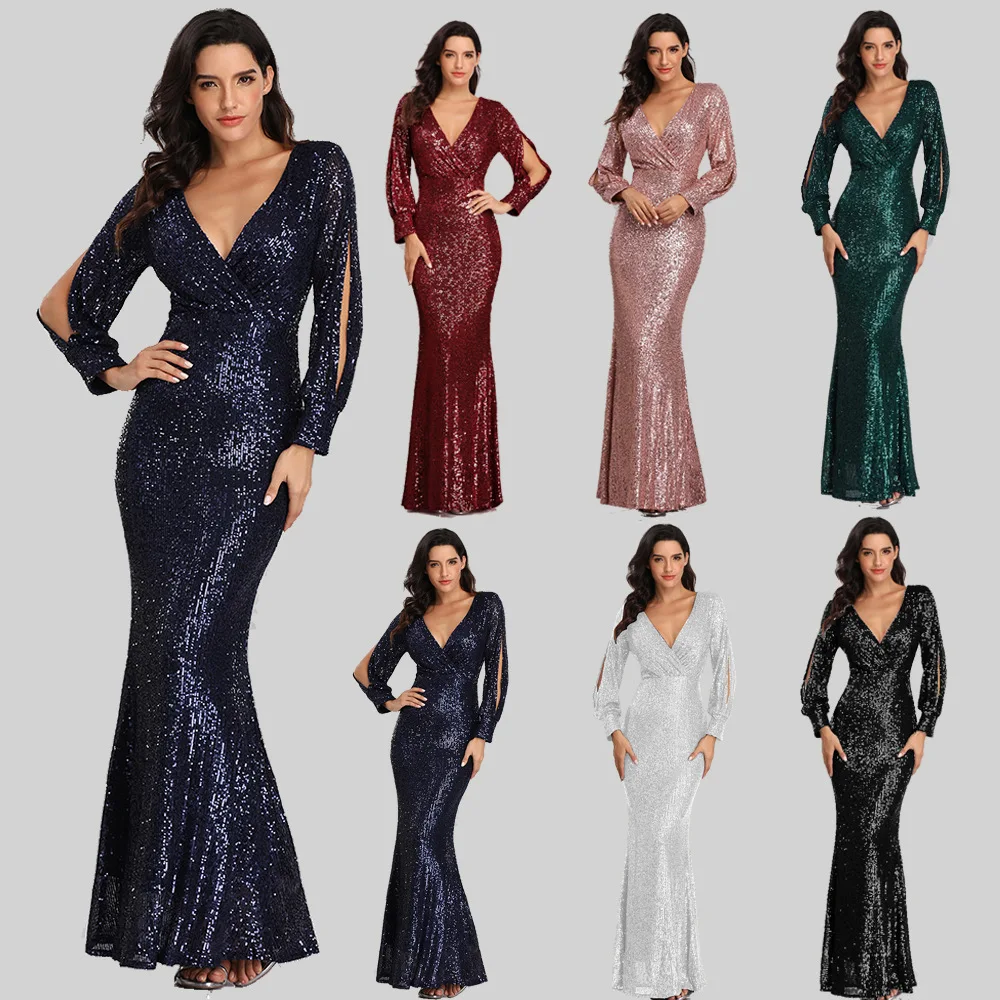 Женское платье с V образным вырезом длинным рукавом и блестками|Женские платья| |