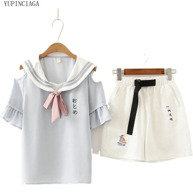Women's Sets Sailor Collar Shirt Short Sleeve + Shorts Japanese Girl Cute Strapless Chiffon Sweet Style Girl Two Piece Set