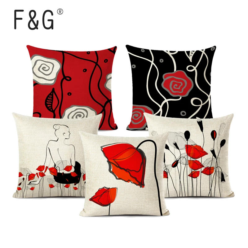 Для творческих личностей красные черные цветы диванные подушки белье квадратная