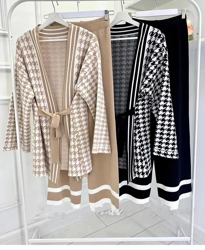 

est Fall Winter Sweater Pants Two piece set For Women Houndstooth Lace-up Knitted Cardigan Jacket and Wide leg Pants Sets