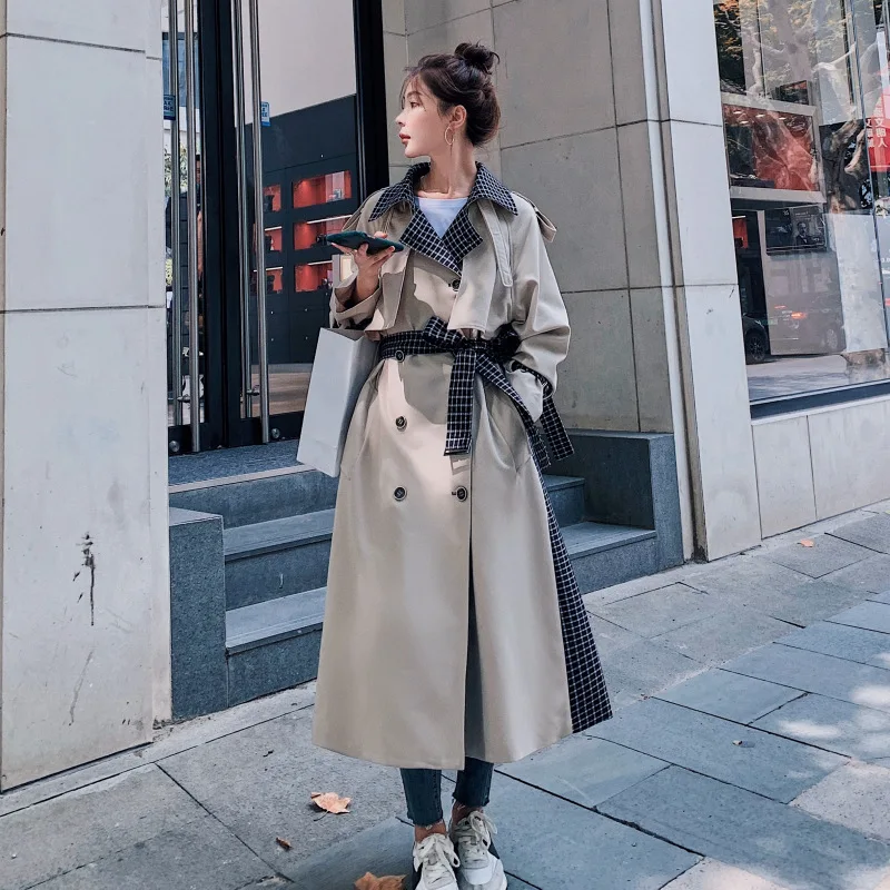 

Women's Windbreaker Long Spring Autumn 2021 New Korean Loose Lapel Beige Plaid Stitching Lining Double Breasted Fashion Coat 8D