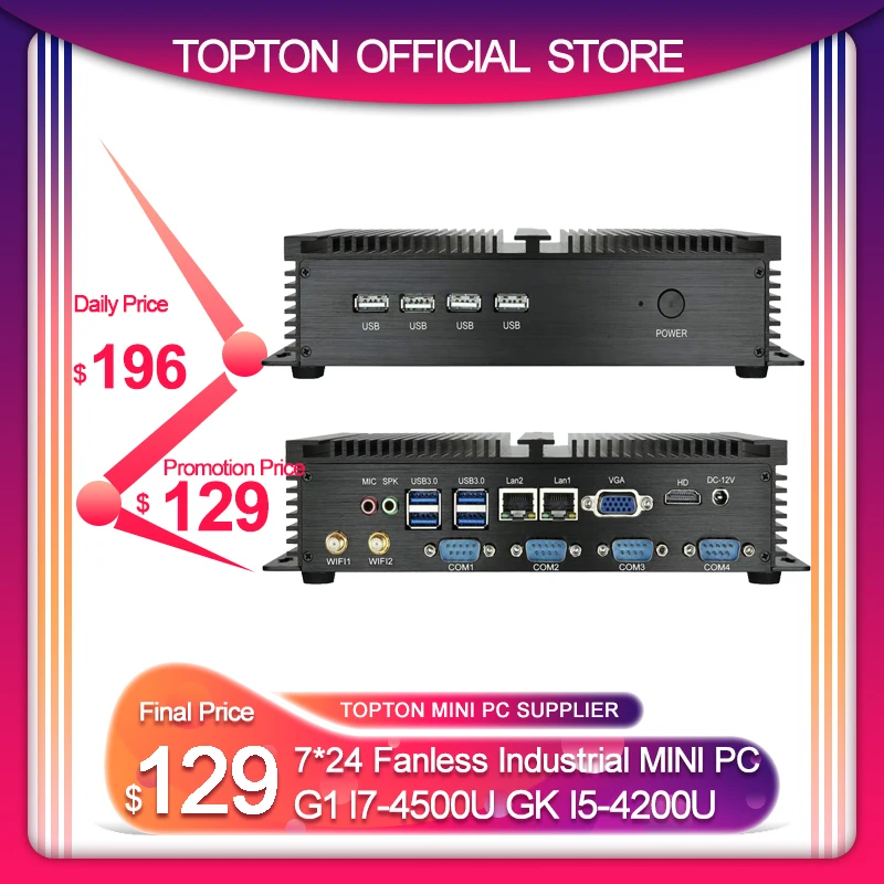 Topton G серия промышленный безвентиляторный мини ПК Win10 Intel i7 i5 i3 2955U 2 * Lans 6 COM USB Micro