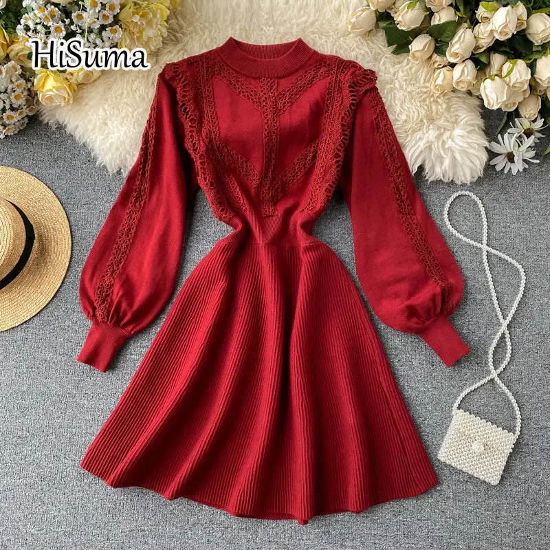 Новинка Осень зима 2020 женское трикотажное платье трапеция HISUMA с круглым вырезом