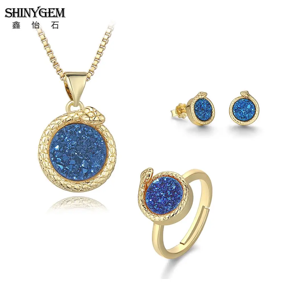 ShinyGem  Snake Shape Multicolor Crystal Druzy Stone Jewelry Set  Ring Pendant Stud Earrings Necklace For Women Fine Jewelry Set