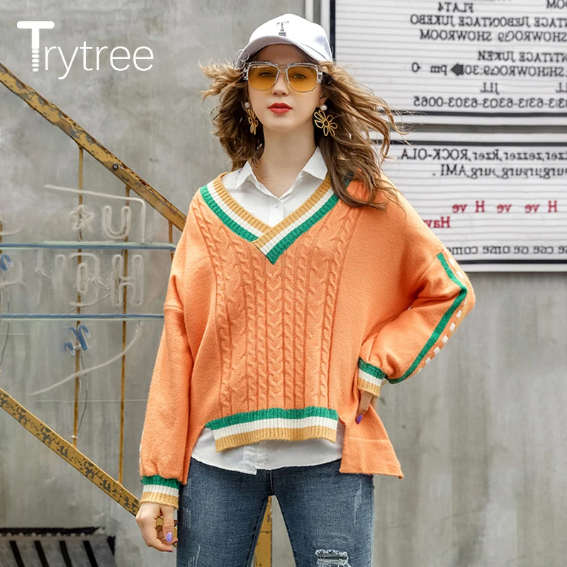 Зимний женский Повседневный свитер Trytree вязаный с V-образным вырезом пуловеры в