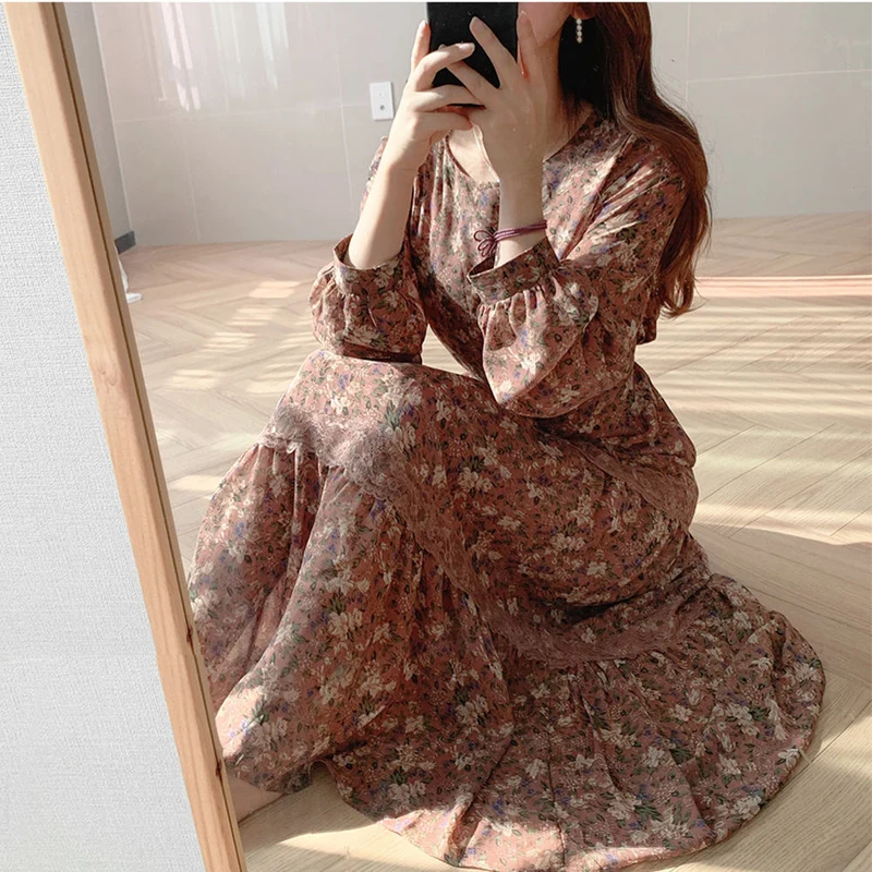 Женское винтажное платье BGTEEVER длинное с круглым вырезом и цветочным принтом на