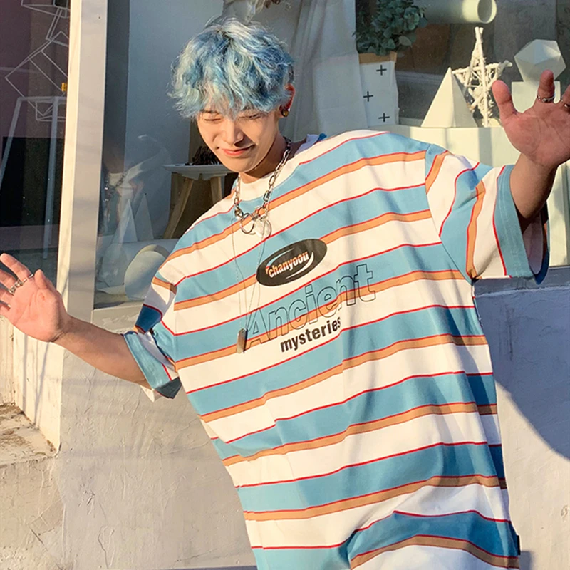 Футболка мужская с контрастными полосками и коротким рукавом модный Свободный