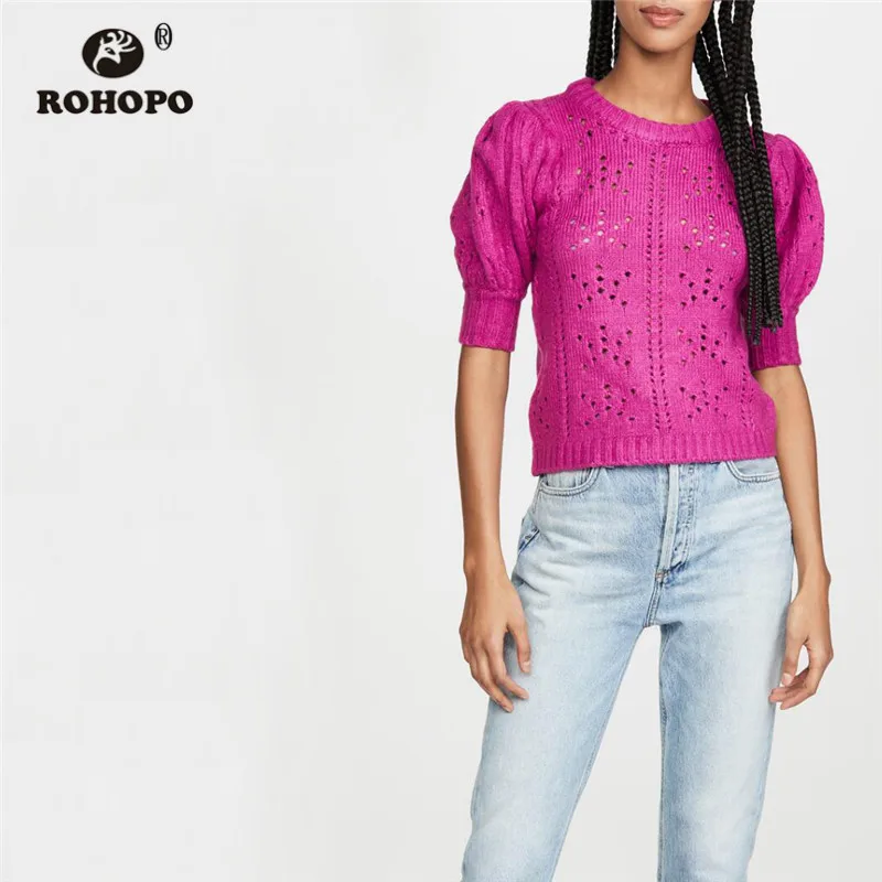 ROHOPO Deep Pink Knitted Solid Tops Outwear Round Collar Puff Half Sleeve Ladies Chic Cute Winter Sweater #9560 | Женская одежда