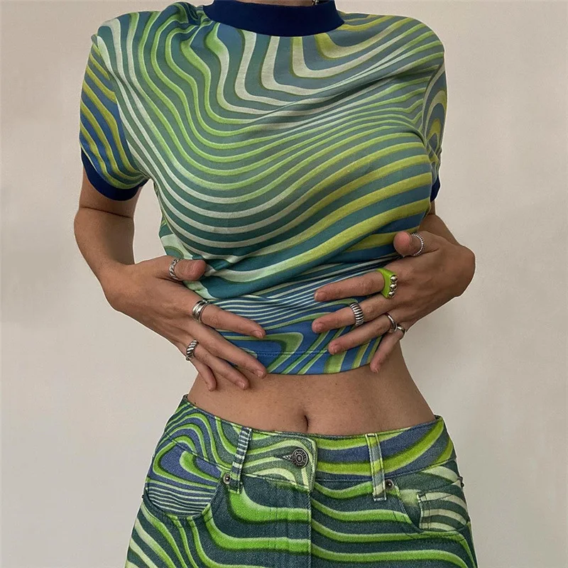 

Donsignet Spring Summer New Sexy Short Print Slim Thin Woman Tshirts Slim Thin Short Sleeve Tops for Women