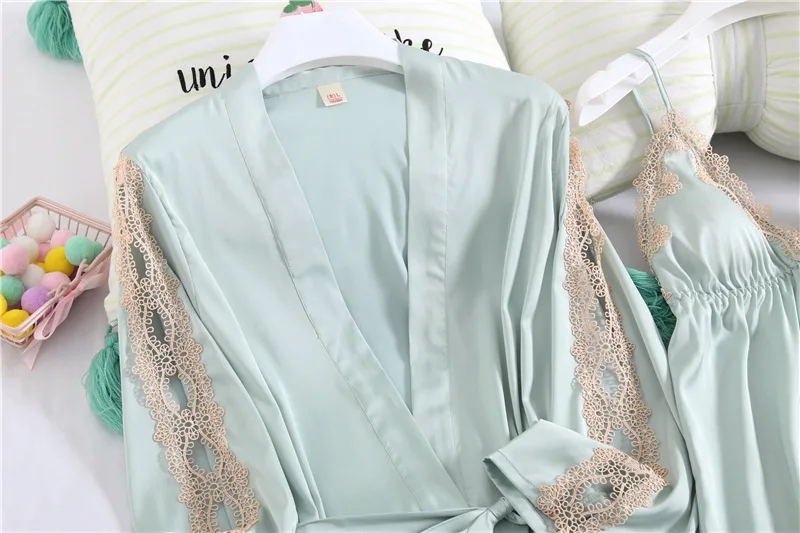 

Women 5PCS PJS Set Satin Pajamas Suit Faux Silk Nightwear Lace Sleeve Intimate Lingerie Sexy Homewear Suitable for All Seasons