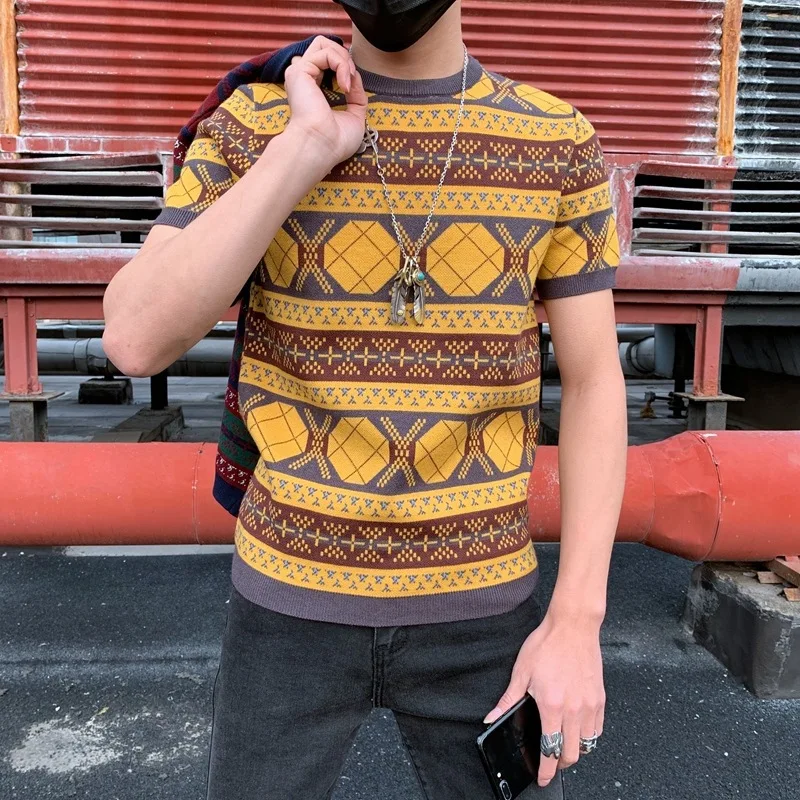 Мужской свитер с коротким рукавом Летняя трикотажная футболка в стиле Харадзюку уличная одежда хип хоп