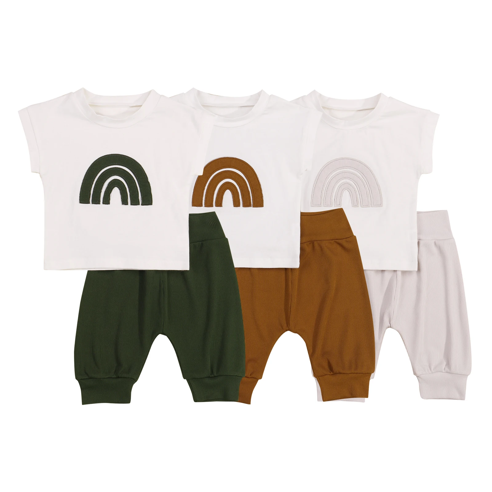 

2Pcs Little Girls Boys Outfit Toddlers Summer Rainbow Embroidery Short Sleeve Round Collar Tops + Solid Color Long Pants