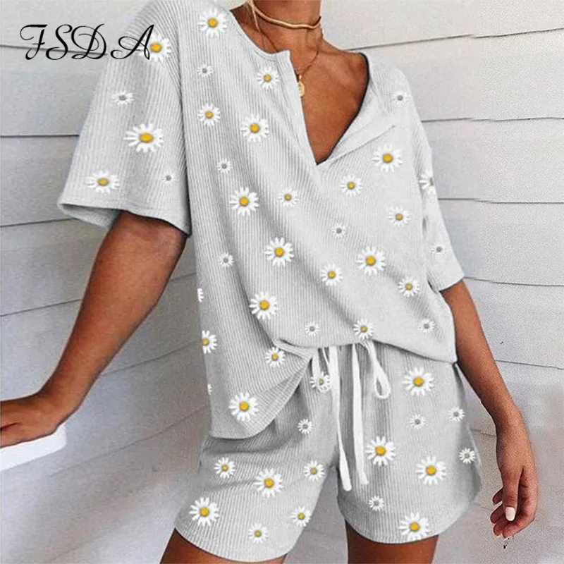 FSDA V Neck Floral Print Loose Women Set Short Sleeve Top Shirt And Shorts Casual Two Piece Home Blue Outfit Suit Sports | Женская