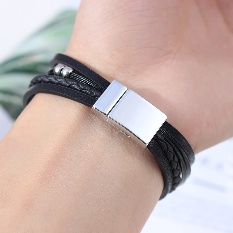 Браслет с овальной веревкой и магнитной пряжкой черный многослойный браслет