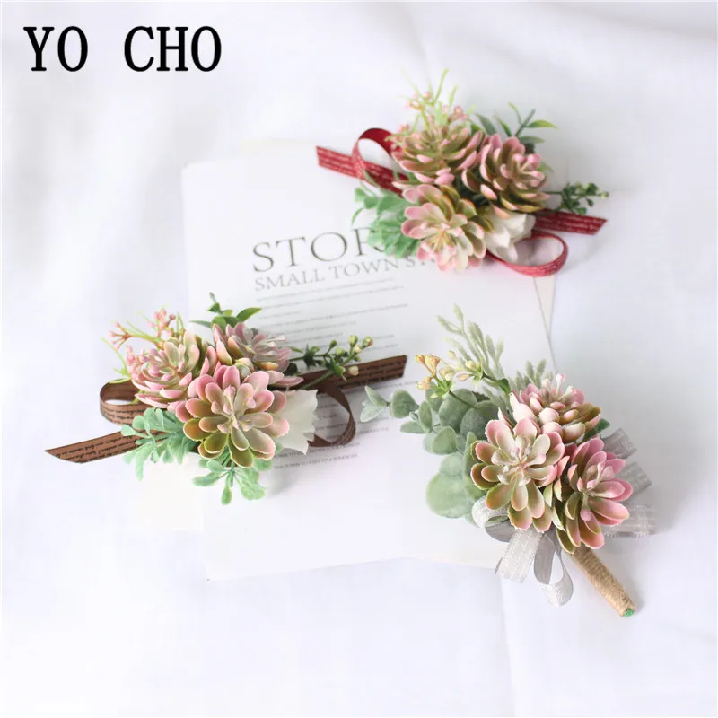 

YO CHO Pink Groom Boutonniere Buttonholes Artificial Plants Wedding Corsage Pin Flowers Cuff Bracelet Bridesmaid Wedding Flowers