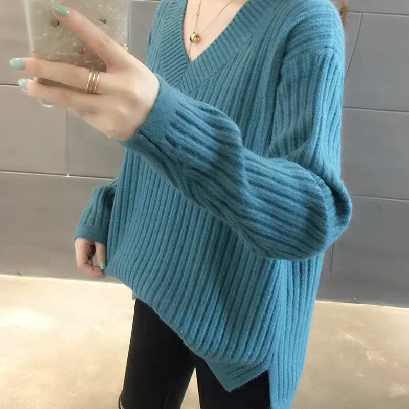 DISIMAN осень 2019 Модный зимний женский свитер одежда Женский пуловер с v-образным