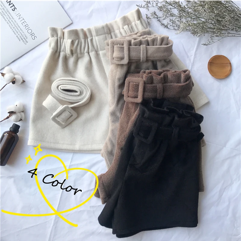 Шерстяные плотные женские свободные весенние шорты с поясом широкие эластичным
