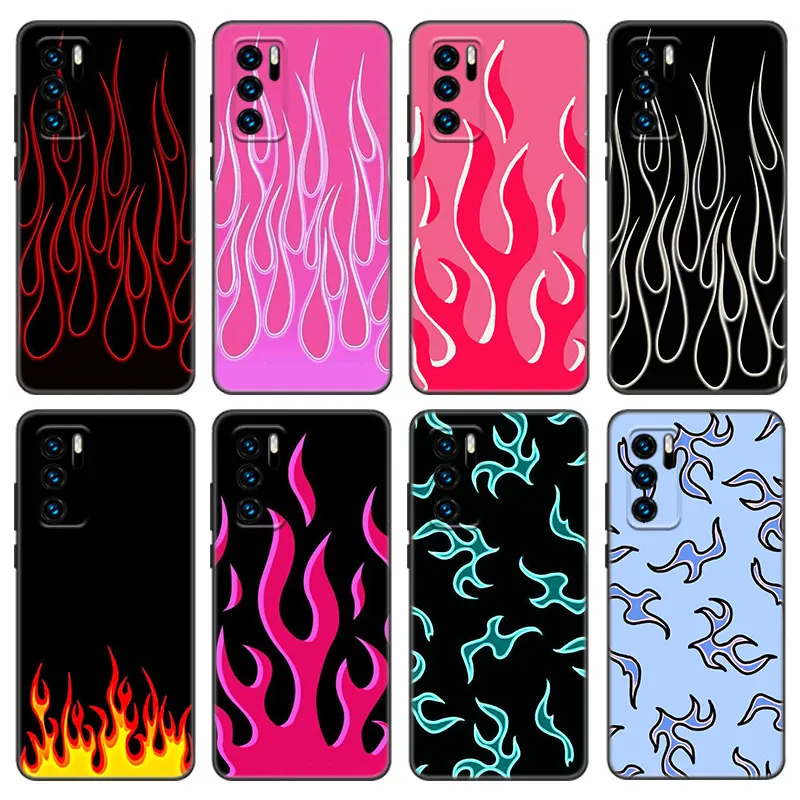 Fashion Red Flames Case For Huawei P50 P40 P30 P20 Pro P10 P9 P8 Lite 2017 P Smart Z S 2021 2020 Pro 2019 2018 Black Cover