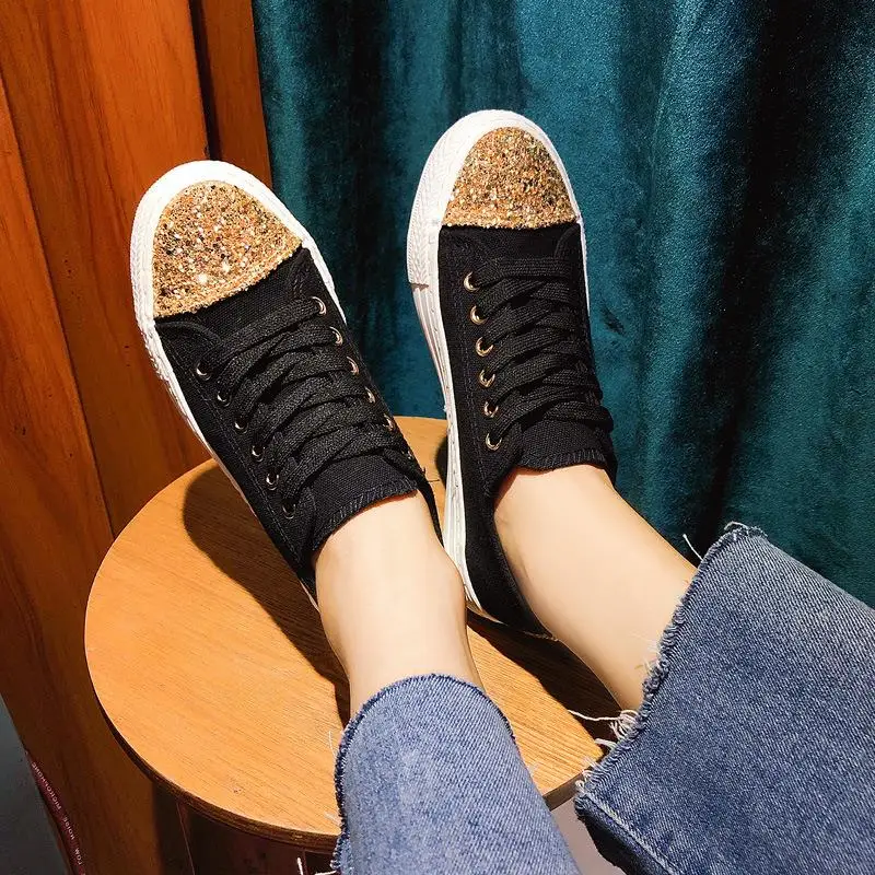 Sequin canvas shoes women's ins2020 spring and summer new Korean version ulzzang wild student flat white | Обувь