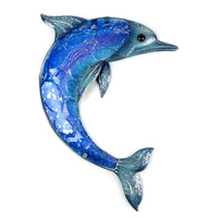 garden animal of metal dolphin wall artwork with blue painting glass for garden decoration outdoor statues and sculptures