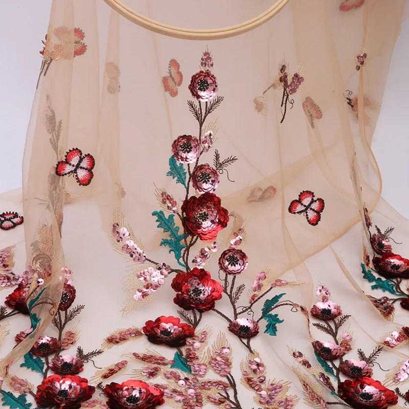 

New Apricot Tulle Mesh With Red Sequins Flowers 3d Lace Fabric for Wedding Evening Dresses By The Yard