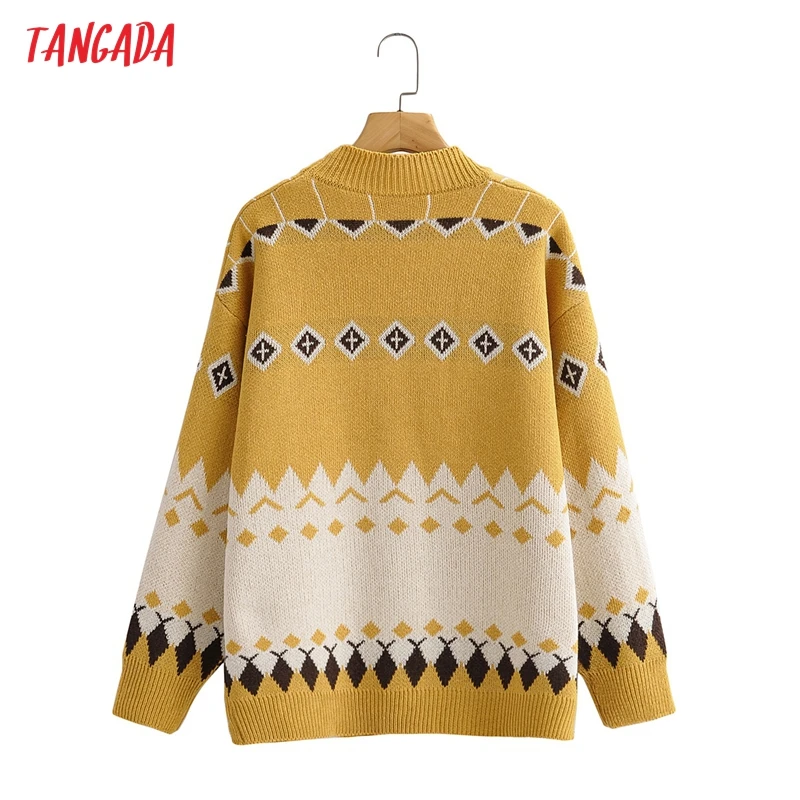 

Tangada Women Elegant Diamond Pattern Yellow Cardigan Vintage Jumper 2021 Autumn Winter Tops 1F330