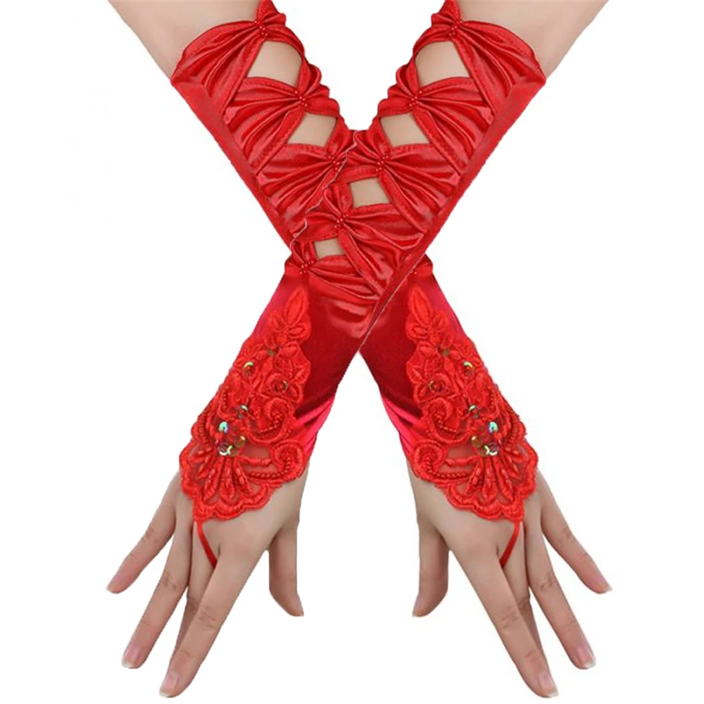 Gloves Fingerless Mittens Romantic For Wedding Bridal Pearl Lace Hollowed Tie Red temperament | Аксессуары для одежды