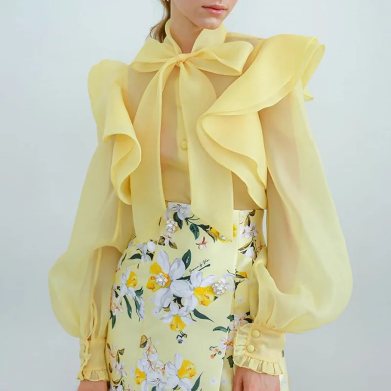 

White Bowknot Shirt for Women Stand Collar Lantern Long Sleeve See Through Ruffle Shirts Blouse Female 2020 New Summer Fashion