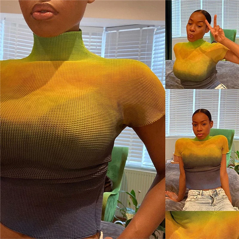 

Футболка женская с высоким воротником и коротким рукавом, Модный облегающий топ с градиентом и открытым пупком, желтый/синий цвет, на лето