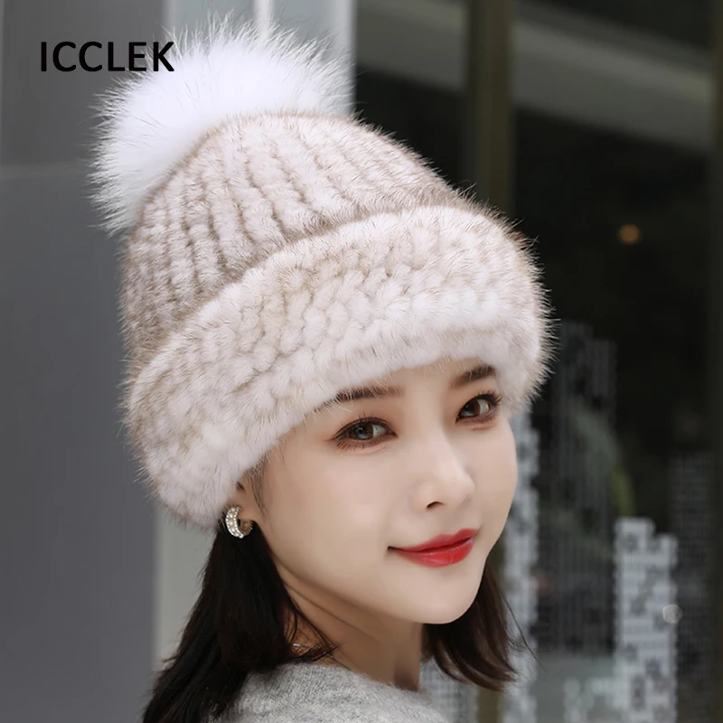 Fur Hats For Women Winter Luxury Mink Fur Kniting Hat Female Warm Snow Caps Ladies Elegant Cute Beanies Cap Fur Pompom Hats
