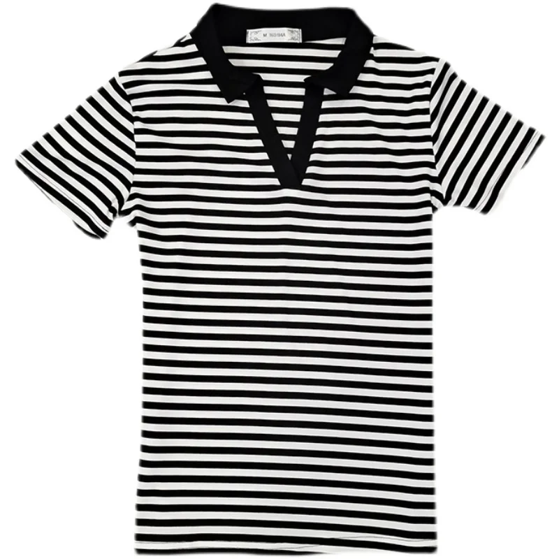 

Striped Women T-shirt 2021 Summer Fashion Short Sleeve T-shirts Womens Sexy V Neck Turndown Collar T-shirts For Girls Top