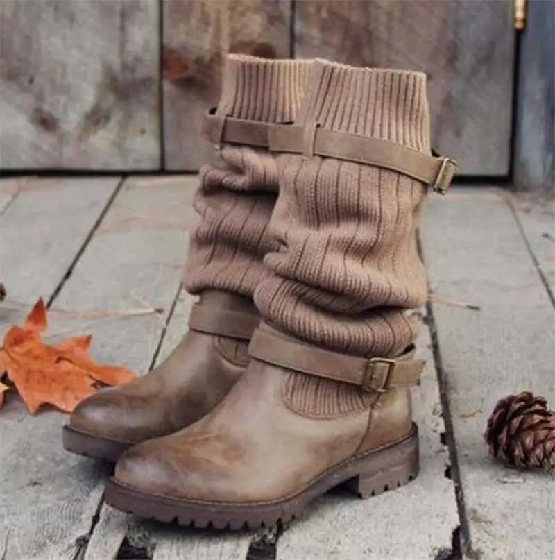 Женские эластичные вязаные ботинки носки до середины икры на Плоском Каблуке