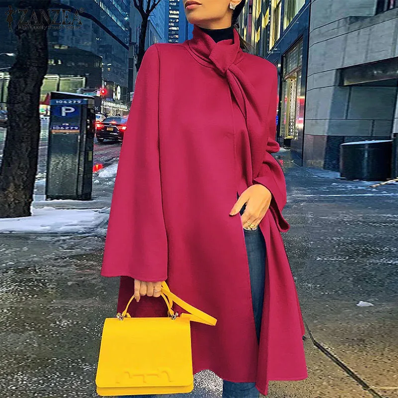 

Fashion Cloaks Women Autumn Jackets ZANZEA 2022 Casual Long Sleeve Outwears Female Lace Up Wool Blend Overcoats Oversized Poncho