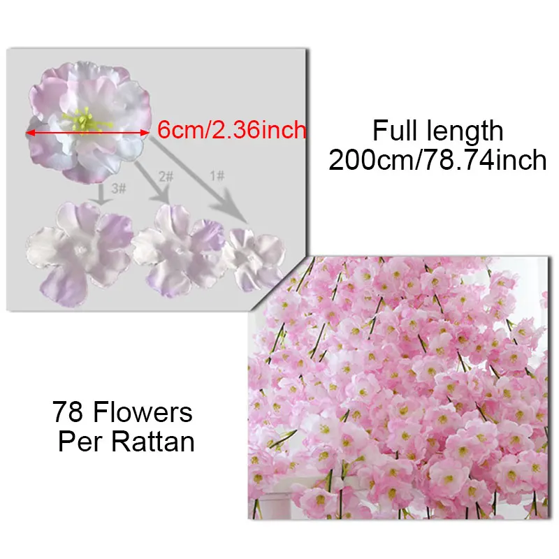 2M Silk Sakura Flower Garland Vine Wedding Arch Door Decoration Wall Hanging Artificial Cherry Blossom For Home Decor Party | Дом и сад