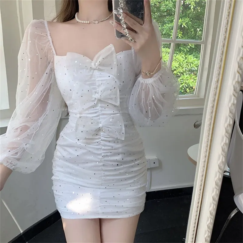 

2022 new fashion ladies drawstring tie long-sleeved mesh gauze sparkling bubble hollow high waist slim-fit pleated bowknot dress
