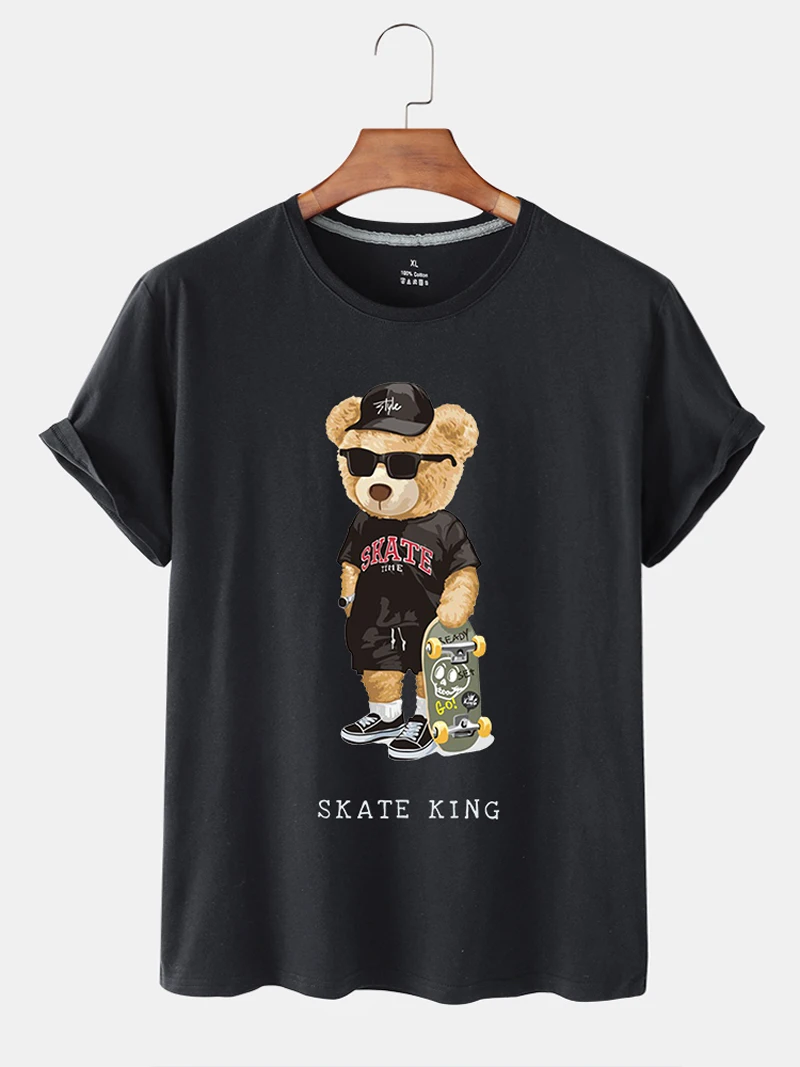 

100% Cotton Skateboard Bear Casual O-neck Loose Short-sleeved T-shirt Female Summer Short-sleeved Plus Size T-shirt Unisex Top