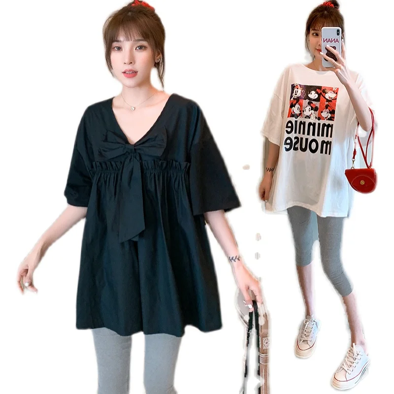 

1980# Summer Deep V neck Cartoon Printed Cotton Maternity T Shirt Plus Size Loose Tees Clothes for Pregnant Women Pregnancy Tops