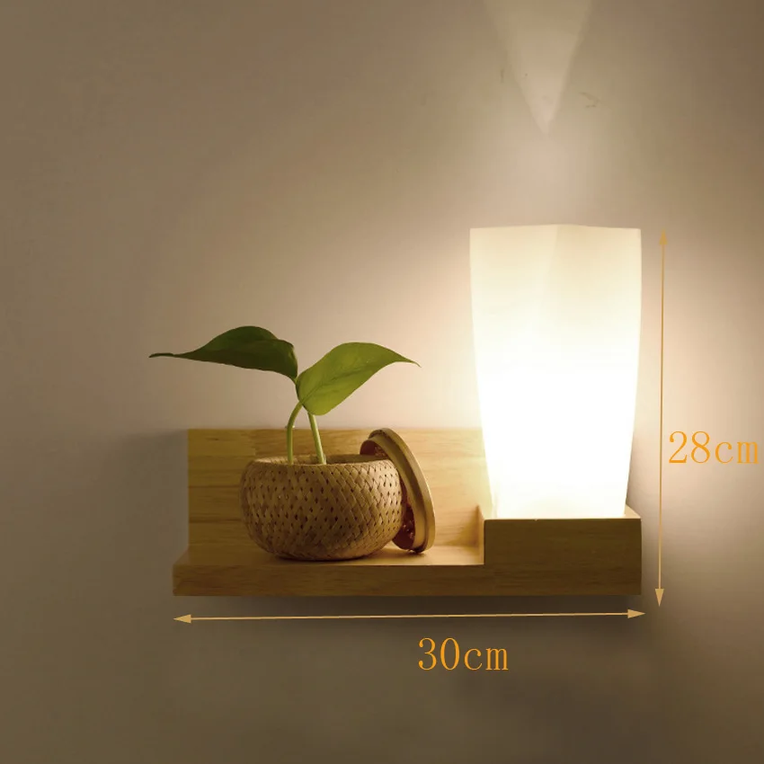 

Chinese style wooden wall light for bedroom bedside reading light 30*28cm wood base glass lampshade balcony aisle led lighting
